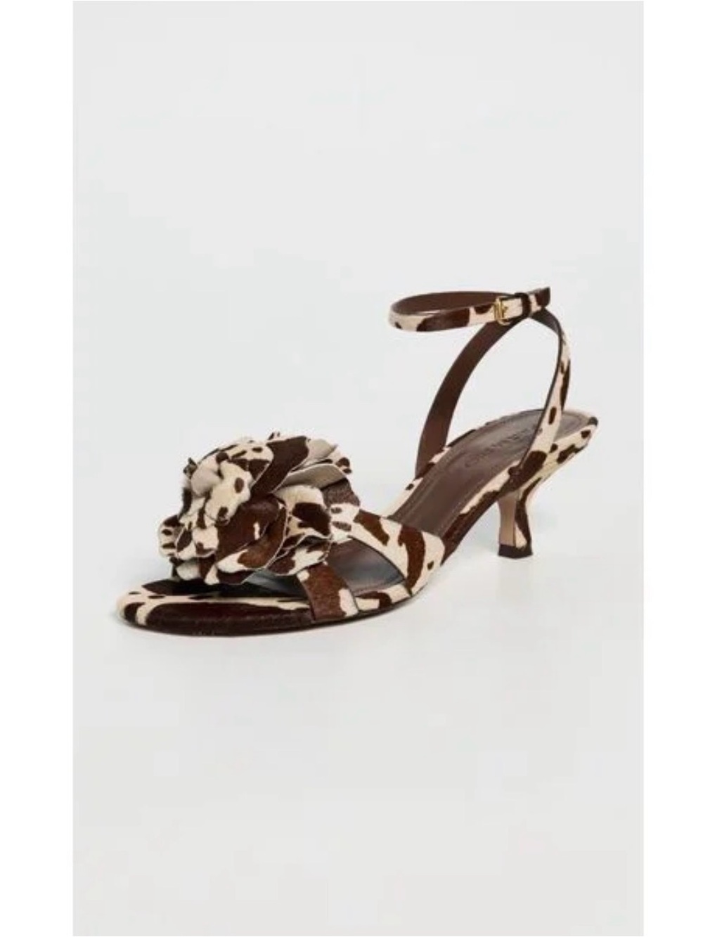 FARM Rio Brown and Cream Pony Hair Floral Ankle-Strap Kitten Heel